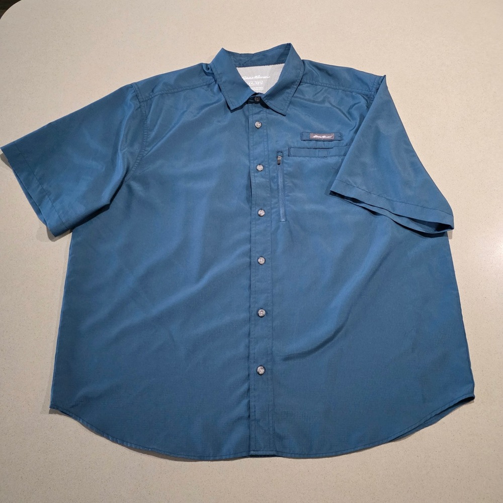 Eddie Bauer Mens XXL Blue Ripstop Short Sleeve Fishing Hiking Button Down Shirt
